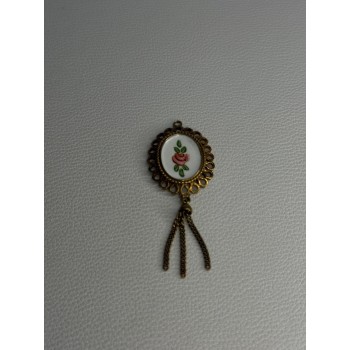 Vintage 925 Sterling Silver Gold Plated Pink Enamel Rose Pendant Length 2.5 Inch