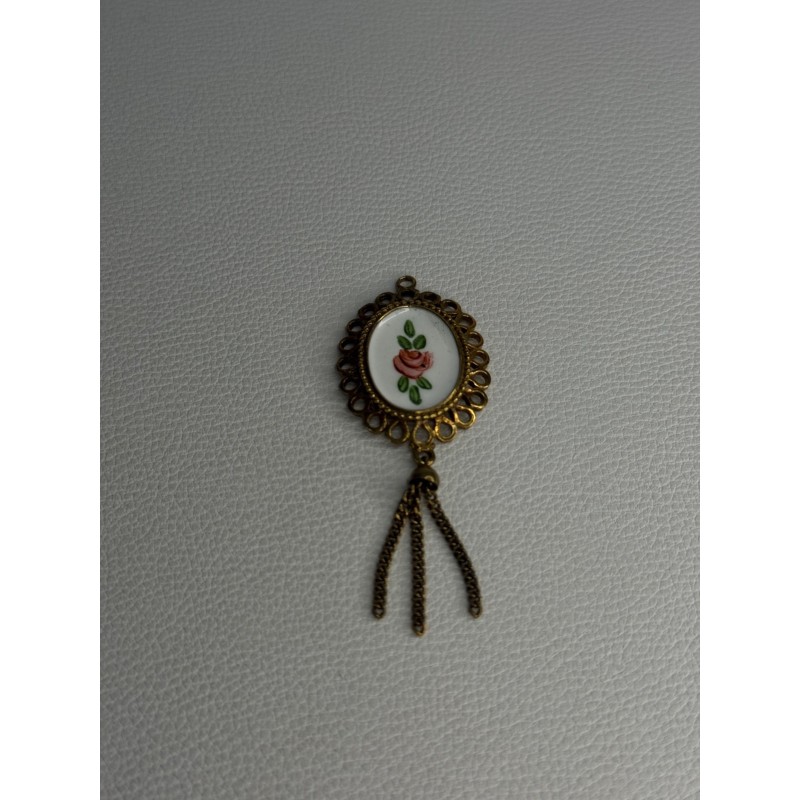 Vintage 925 Sterling Silver Gold Plated Pink Enamel Rose Pendant Length 2.5 Inch