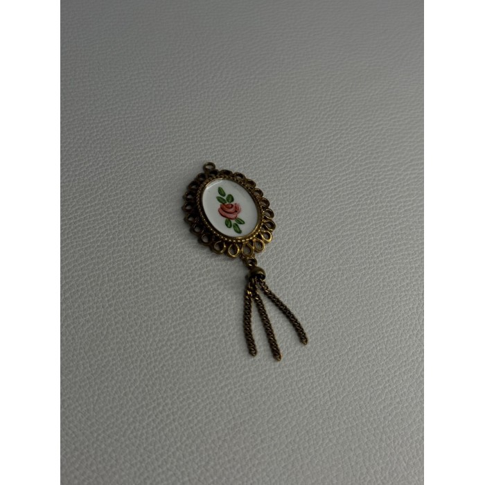 Vintage 925 Sterling Silver Gold Plated Pink Enamel Rose Pendant Length 2.5 Inch