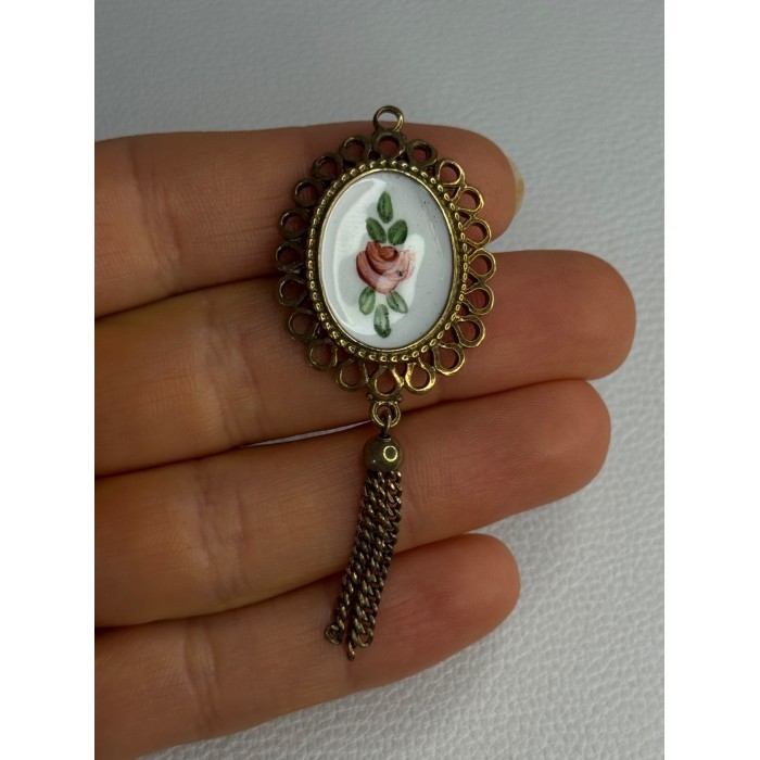 Vintage 925 Sterling Silver Gold Plated Pink Enamel Rose Pendant Length 2.5 Inch