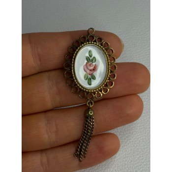 Vintage 925 Sterling Silver Gold Plated Pink Enamel Rose Pendant Length 2.5 Inch