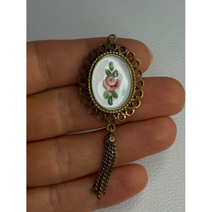 Vintage 925 Sterling Silver Gold Plated Pink Enamel Rose Pendant Length 2.5 Inch