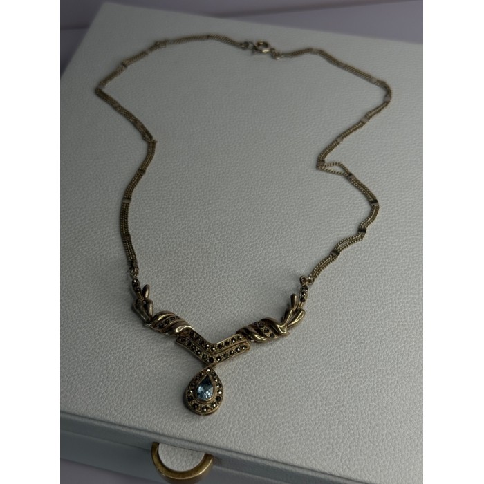 Elegant 925 Sterling Silver Blue Topaz & Marcasite Necklace
