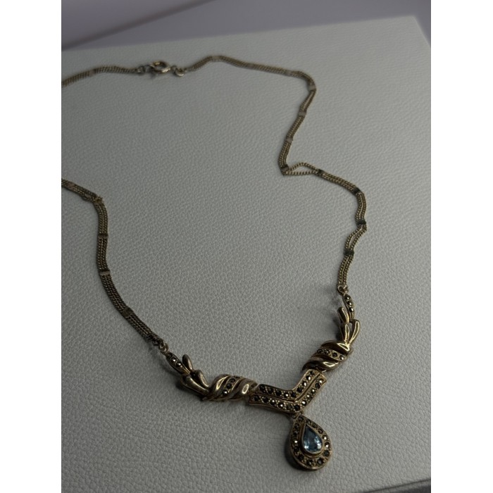 Elegant 925 Sterling Silver Blue Topaz & Marcasite Necklace