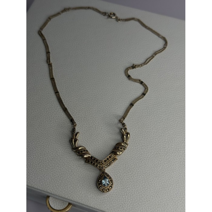 Elegant 925 Sterling Silver Blue Topaz & Marcasite Necklace