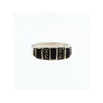 925 Sterling Silver Black Nephrite & Marcasites Ring Size 5.75