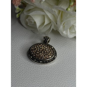 Elegant 925 Sterling Silver Citrine & Marcasite Pendant Length 1.10 Inch