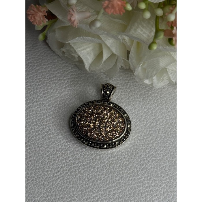 Elegant 925 Sterling Silver Citrine & Marcasite Pendant Length 1.10 Inch