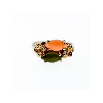 925 Sterling Silver Gold Plated Nephrite, Agate & Goshenite Ring Size 8