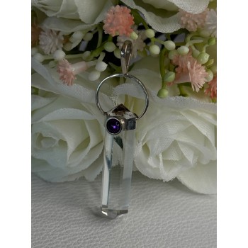 925 Sterling Silver Clear Quartz & Amethyst Pendant Length 2 Inch