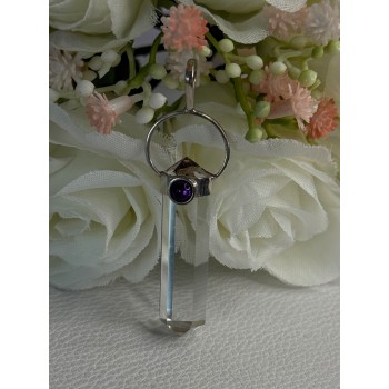 925 Sterling Silver Clear Quartz & Amethyst Pendant Length 2 Inch