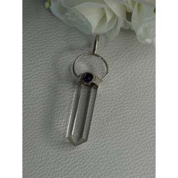 925 Sterling Silver Clear Quartz & Amethyst Pendant Length 2 Inch