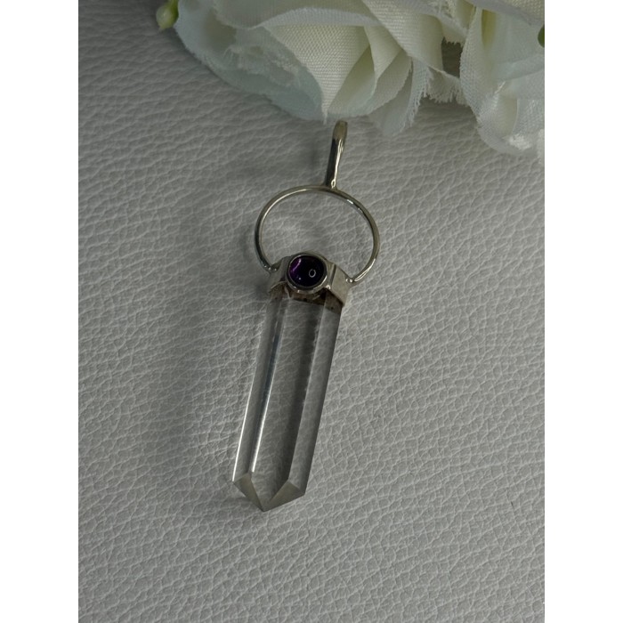 925 Sterling Silver Clear Quartz & Amethyst Pendant Length 2 Inch