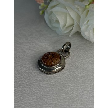 925 Sterling Silver Amber Carved Flower Pendant Length 1.25 Inch