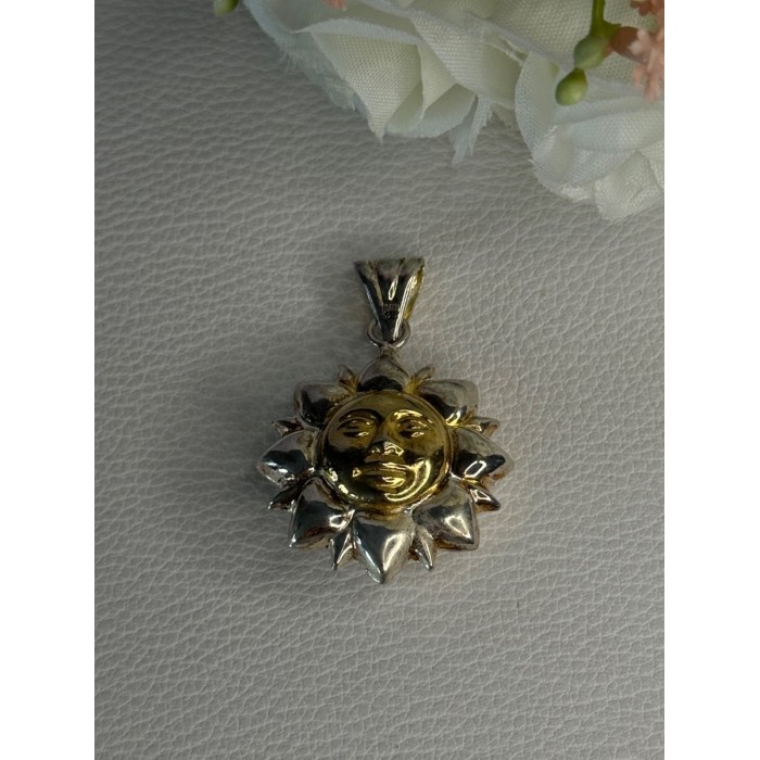 925 Sterling Silver Sun Gold Plated Face Italy Milor Pendant Length 1.60 Inch