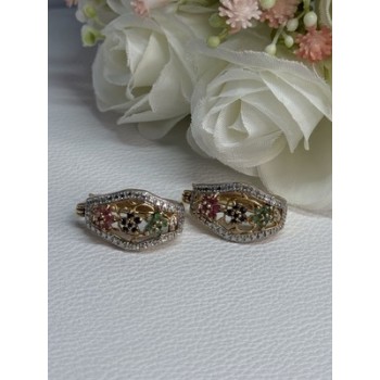 925 Sterling Silver Gold Plated Ruby Sapphire Emerald Earrings Length 0.95 Inch