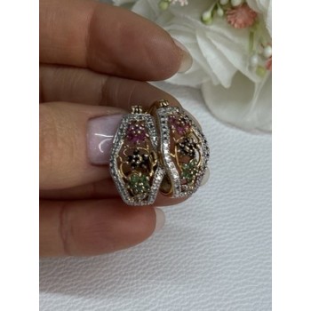 925 Sterling Silver Gold Plated Ruby Sapphire Emerald Earrings Length 0.95 Inch