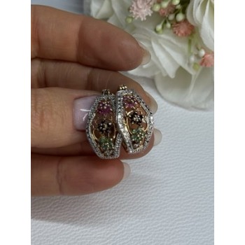 925 Sterling Silver Gold Plated Ruby Sapphire Emerald Earrings Length 0.95 Inch