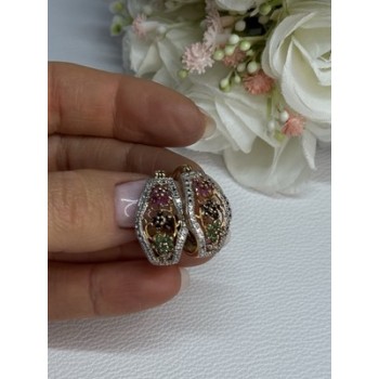 925 Sterling Silver Gold Plated Ruby Sapphire Emerald Earrings Length 0.95 Inch