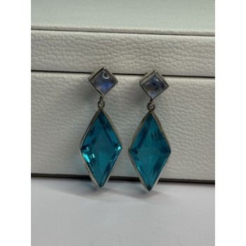 925 Sterling Silver Aquamarine & Moonstone Earrings Length 1.55 Inch