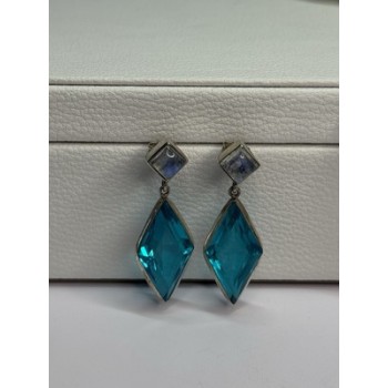 925 Sterling Silver Aquamarine & Moonstone Earrings Length 1.55 Inch