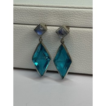925 Sterling Silver Aquamarine & Moonstone Earrings Length 1.55 Inch