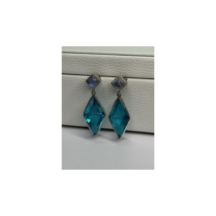 925 Sterling Silver Aquamarine & Moonstone Earrings Length 1.55 Inch