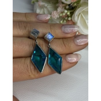 925 Sterling Silver Aquamarine & Moonstone Earrings Length 1.55 Inch