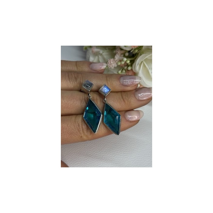 925 Sterling Silver Aquamarine & Moonstone Earrings Length 1.55 Inch