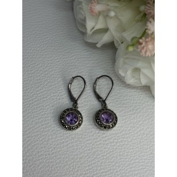 925 Sterling Silver Amethyst & Marcasite Earrings Length 1.12 Inch