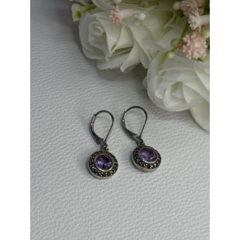925 Sterling Silver Amethyst & Marcasite Earrings Length 1.12 Inch