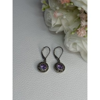 925 Sterling Silver Amethyst & Marcasite Earrings Length 1.12 Inch