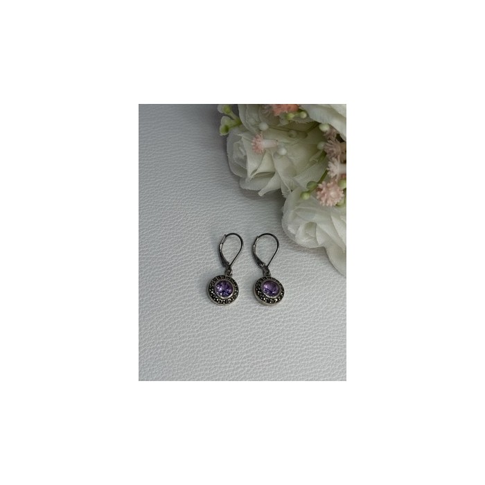 925 Sterling Silver Amethyst & Marcasite Earrings Length 1.12 Inch