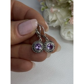 925 Sterling Silver Amethyst & Marcasite Earrings Length 1.12 Inch
