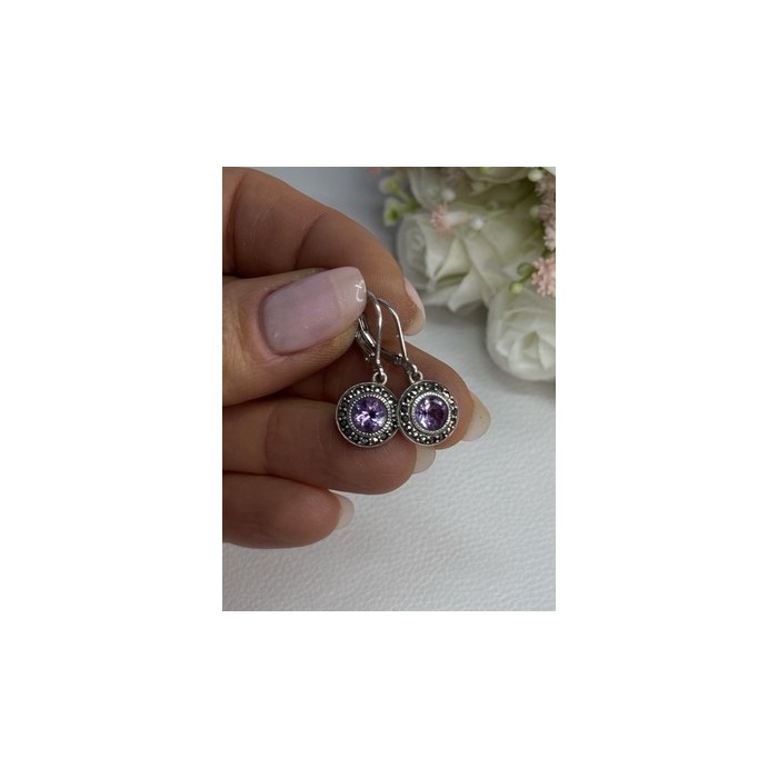 925 Sterling Silver Amethyst & Marcasite Earrings Length 1.12 Inch