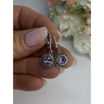 925 Sterling Silver Amethyst & Marcasite Earrings Length 1.12 Inch
