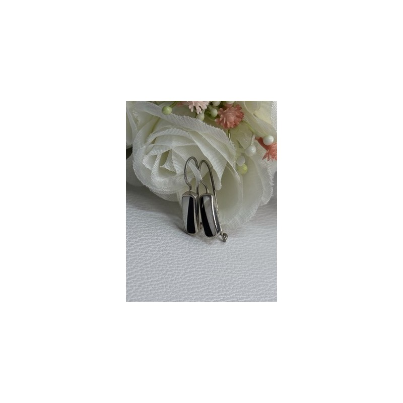 925 STERLING SILVER BLACK ONYX & MOTHER OF PEARL EARRINGS LENGTH 1 INCH