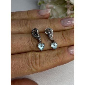 925 Sterling Silver Blue Topaz Heart Earrings Length 0.85 Inch