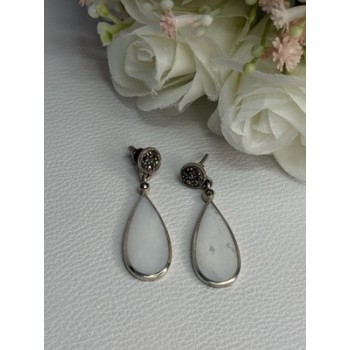 Vintage 925 Sterling Silver Abalone & Marcasite Earrings Length 1.60 Inch