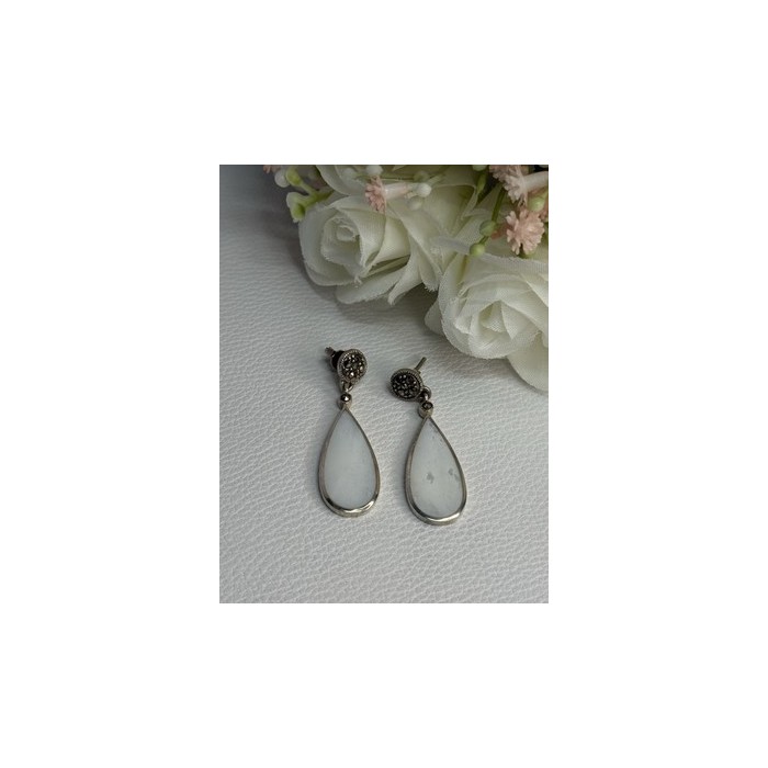 Vintage 925 Sterling Silver Abalone & Marcasite Earrings Length 1.60 Inch