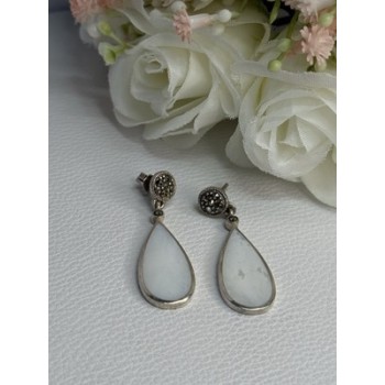 Vintage 925 Sterling Silver Abalone & Marcasite Earrings Length 1.60 Inch