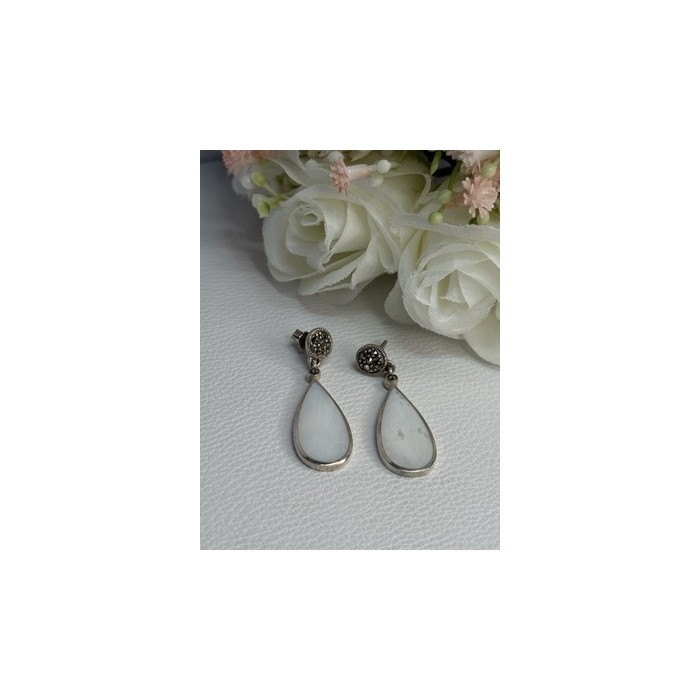 Vintage 925 Sterling Silver Abalone & Marcasite Earrings Length 1.60 Inch