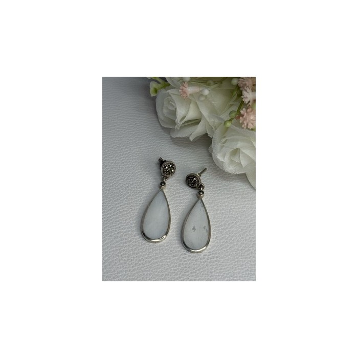 Vintage 925 Sterling Silver Abalone & Marcasite Earrings Length 1.60 Inch