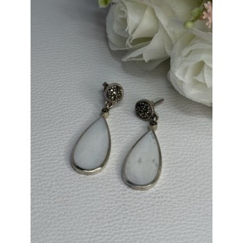 Vintage 925 Sterling Silver Abalone & Marcasite Earrings Length 1.60 Inch