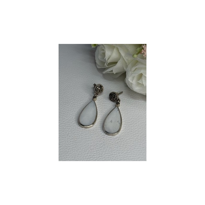 Vintage 925 Sterling Silver Abalone & Marcasite Earrings Length 1.60 Inch