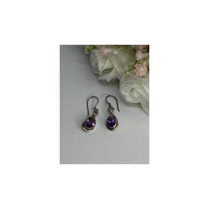 925 Sterling Silver Amethyst Earrings Length 1.20 Inch