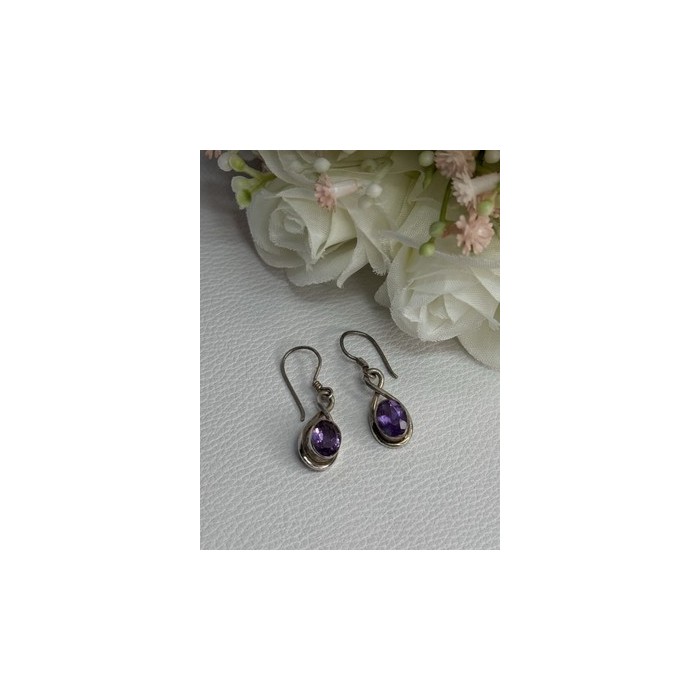 925 Sterling Silver Amethyst Earrings Length 1.20 Inch