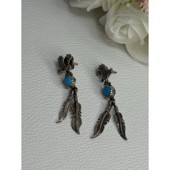 Navajo Flying Eagle 925 Sterling Silver Turquoise Earrings Length 1.60 Inch