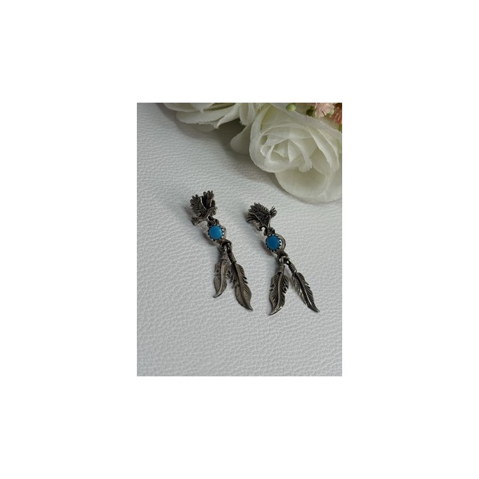 Navajo Flying Eagle 925 Sterling Silver Turquoise Earrings Length 1.60 Inch