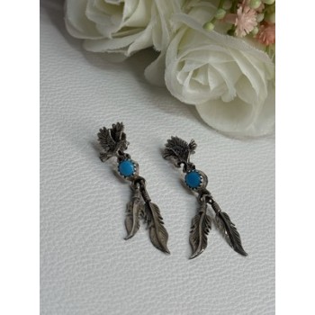 Navajo Flying Eagle 925 Sterling Silver Turquoise Earrings Length 1.60 Inch